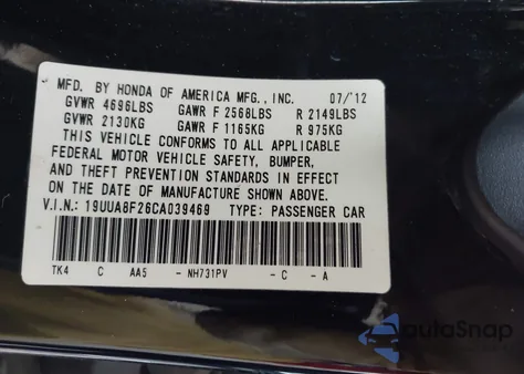2012 Acura Tl 3.5 from USA, damaged, VIN 19UUA8F26CA039469